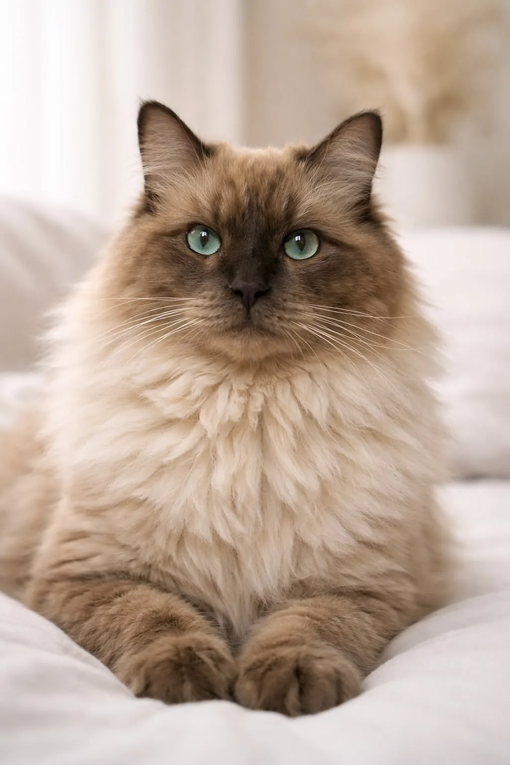 Lío, een pluizige kat met blauwe ogen, liggend op een wit bed